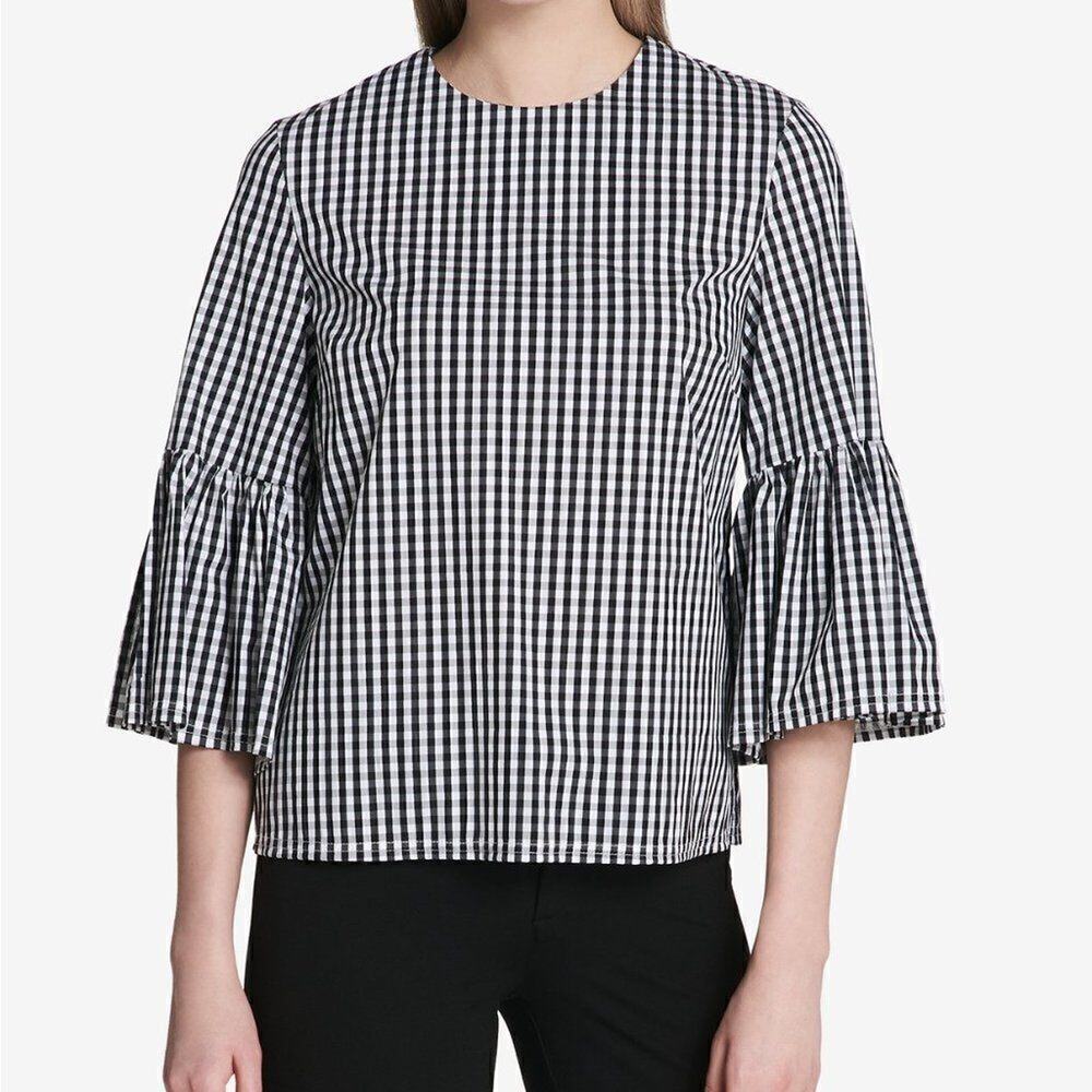 Calvin Klein Gingham-Print Bell Bell Sleeve Boho Western Preppy Minimalist XS